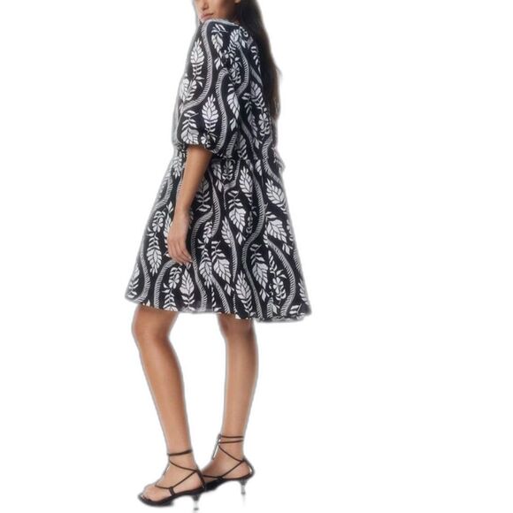 H & M Black Ivory Floral Cotton Knee Length Tiered A-Line Dress Size L - Picture 1 of 14